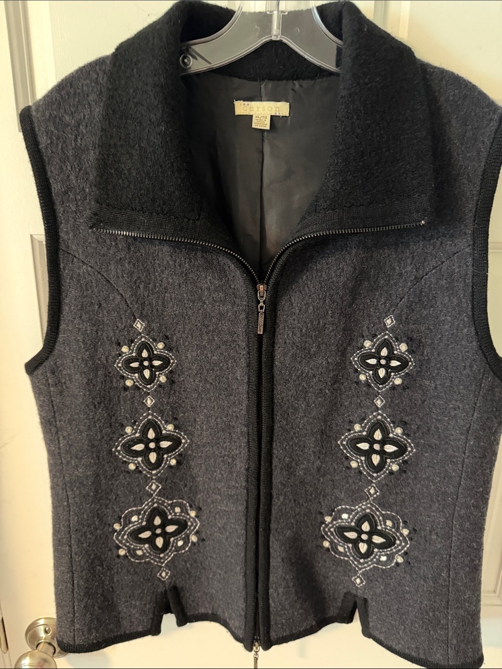 Vintage Carson Felted Wool Full Zip Vest Medallion Embroidery Gray/Black Size XL